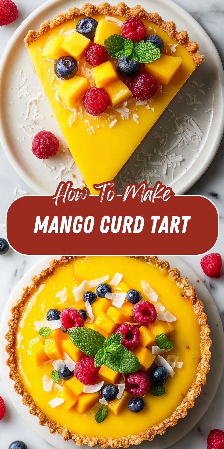 Mango Curd Tart with silky yellow mango filling in a coconut crust, topped with fresh mango, raspberries, blueberries, and mint.
