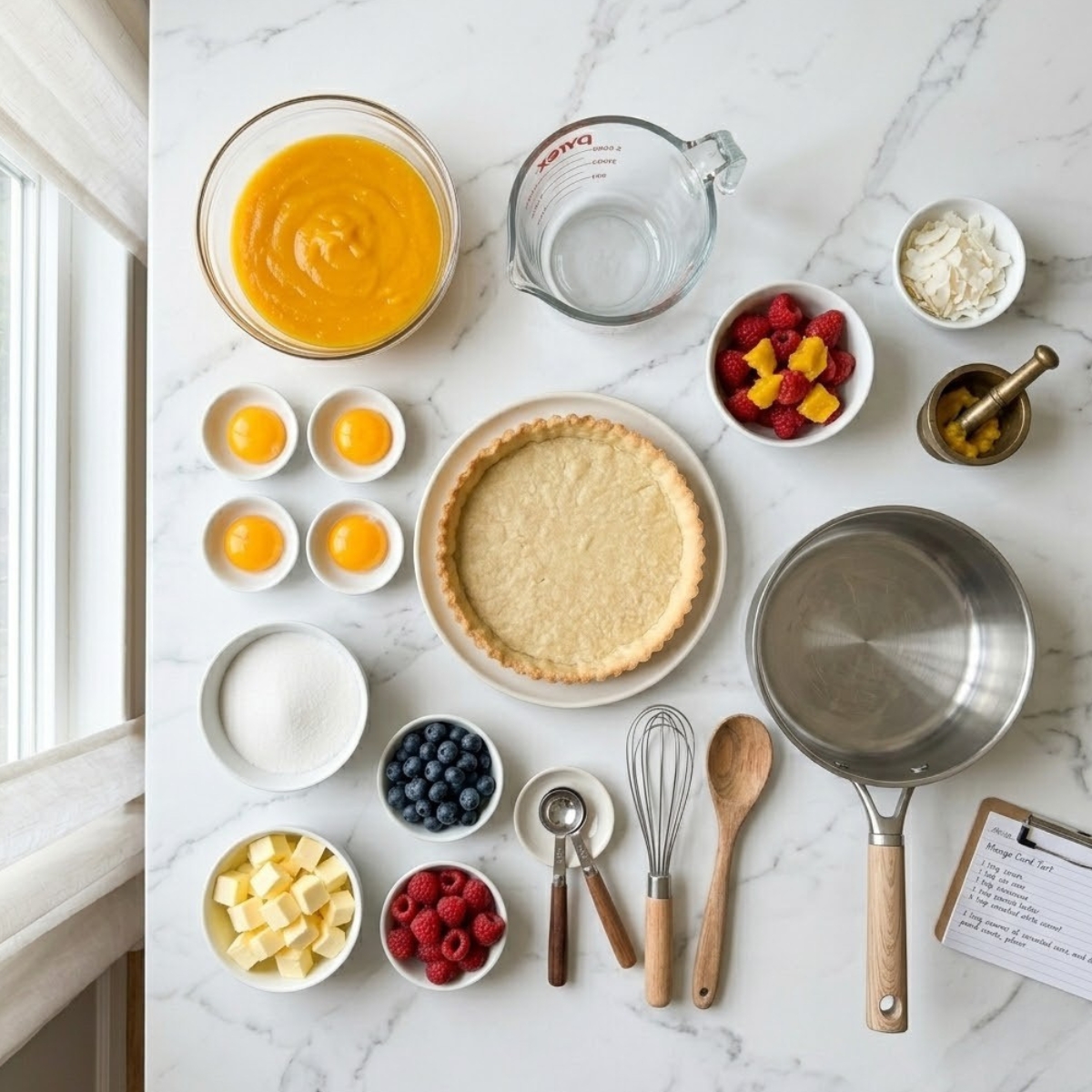 Overhead view f organized ingredients for a Mango Curd Tart f a white marble kitchen counter, featuring the tart shell, mango puree, egg yolks, sugar, diced butter, fresh berries, and coconut flakes organized neatly without hands.