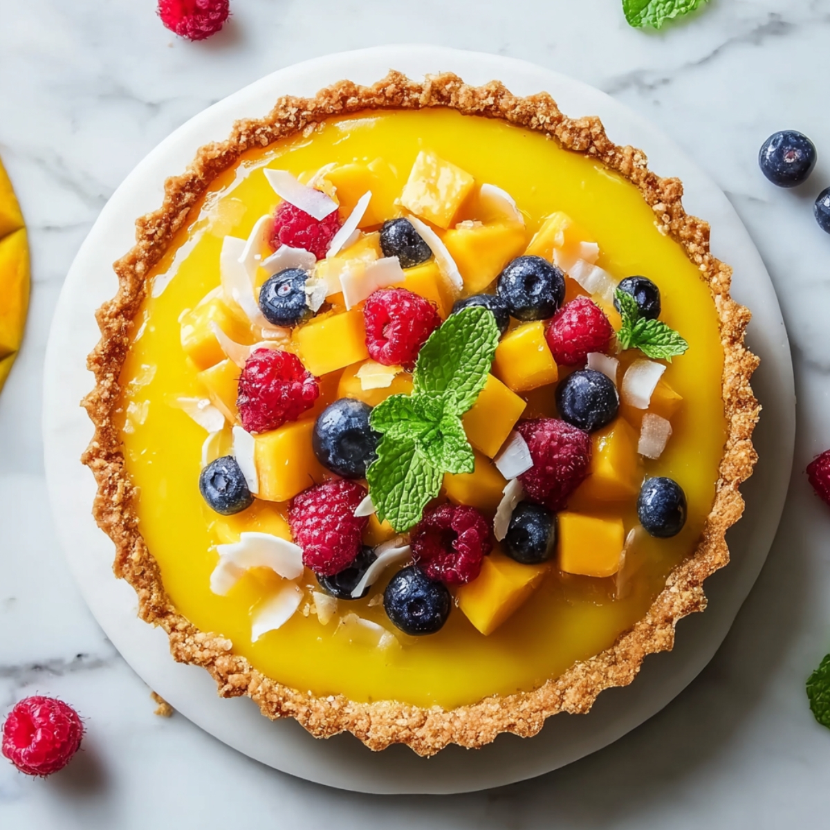 Mango Curd Tart with glossy yellow mango filling in a golden crust, topped with fresh mango, blueberries, raspberries, coconut flakes, and mint.