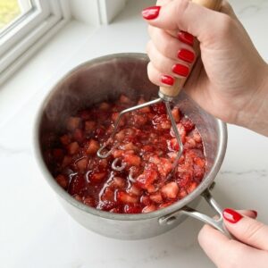 Close-up view of a young woman's hand with classic red nails using a potato masher to crush diced strawberries and sugar into a thick, hot syrup inside a small saucepan on a white marble counter.