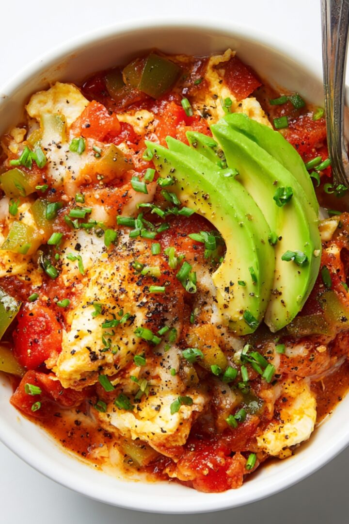 Overhead view of a white bowl of menemen Turkish egg scramble with eggs cooked in a chunky tomato and green pepper sauce, topped with sliced avocado, fresh chives, and cracked black pepper, with a spoon resting in the bowl.