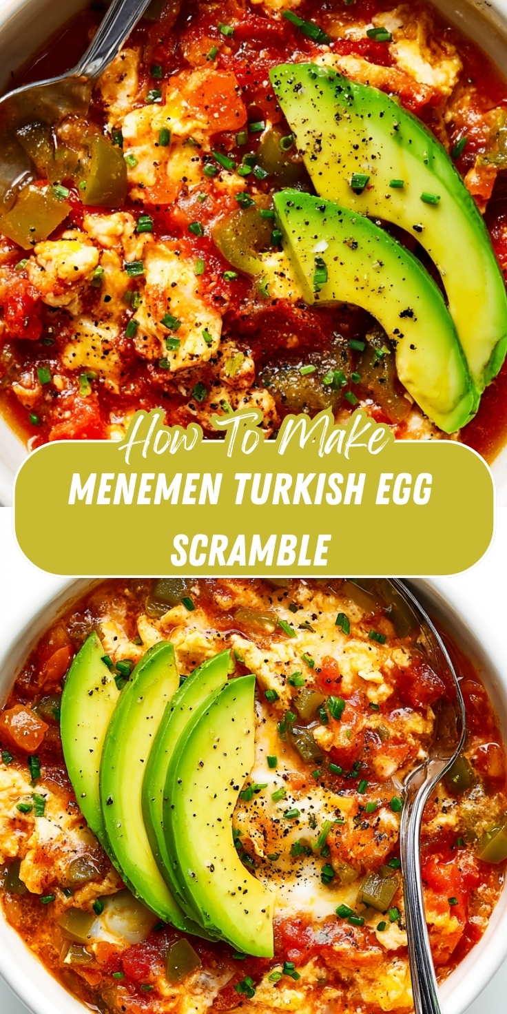A Pinterest graphic showing menemen Turkish egg scramble with eggs cooked in a spiced tomato and green pepper sauce, topped with sliced avocado, cracked black pepper, and fresh chives, displayed in two angles with text overlay reading "How To Make Menemen Turkish Egg Scramble.