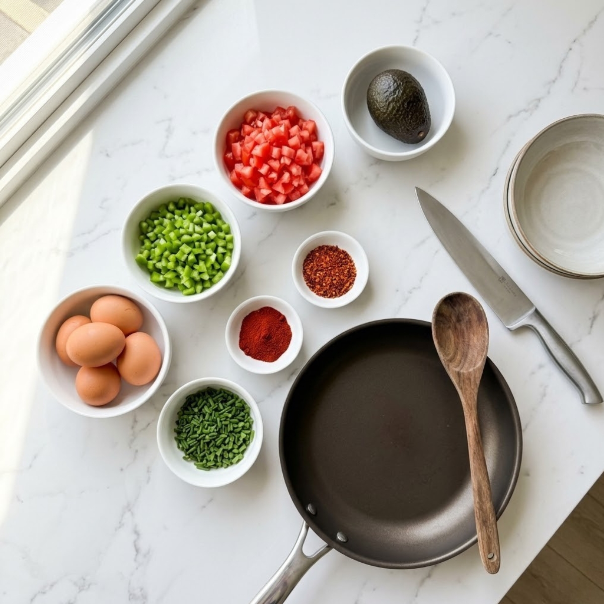 Organized overhead flat lay of raw ingredients for Menemen Turkish Egg Scramble, including tomatoes, green peppers, eggs, avocado, and spices, arranged in bowls on a white marble counter in natural light. No hands are visible.