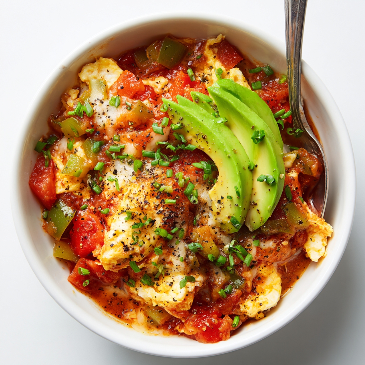 Overhead view of a white bowl of menemen Turkish egg scramble with eggs cooked in a chunky tomato and green pepper sauce, topped with sliced avocado, fresh chives, and cracked black pepper, with a spoon resting in the bowl.