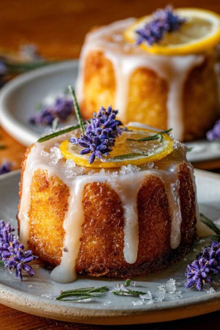 Golden mini bundt lemon cakes drizzled with white lavender glaze, topped with a candied lemon slice and fresh lavender sprig, served on speckled ceramic plates surrounded by lavender flowers on a warm wooden surface.