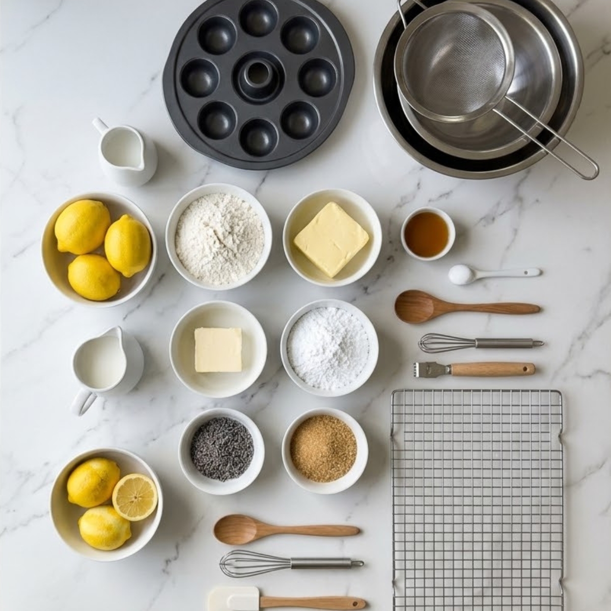 Organized overhead flat lay of raw ingredients for Mini Lemon Cakes with Lavender Glaze, including fresh lemons, flour, butter, powdered sugar, dried lavender, and coarse sugar, arranged on a white marble counter in natural light. No hands are visible.