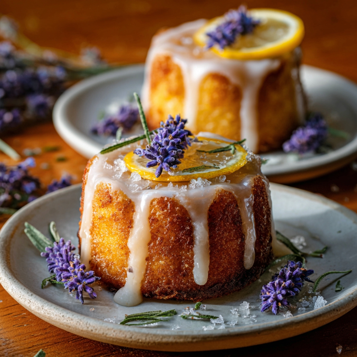 Golden mini bundt lemon cakes drizzled with white lavender glaze, topped with a candied lemon slice and fresh lavender sprig, served on speckled ceramic plates surrounded by lavender flowers on a warm wooden surface.