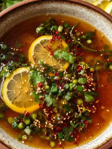 Miso-Ginger Lemon Detox Broth in a rustic speckled bowl with golden broth, lemon slices, fresh cilantro, green onions, sesame seeds, and red chili flakes.