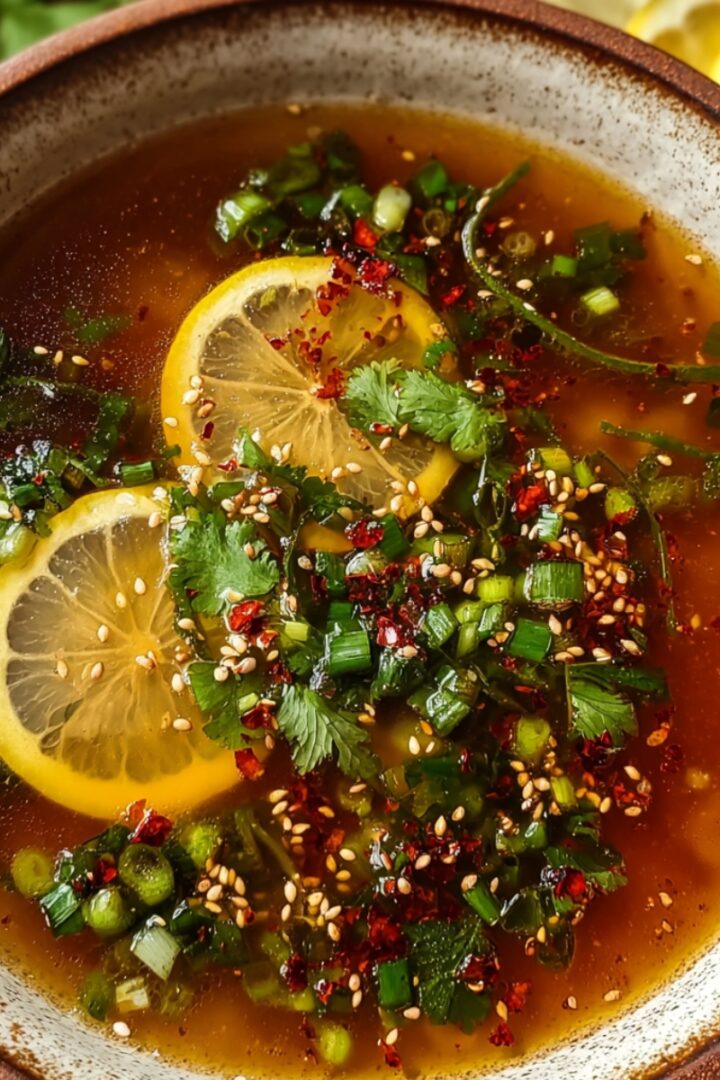 Miso-Ginger Lemon Detox Broth in a rustic speckled bowl with golden broth, lemon slices, fresh cilantro, green onions, sesame seeds, and red chili flakes.