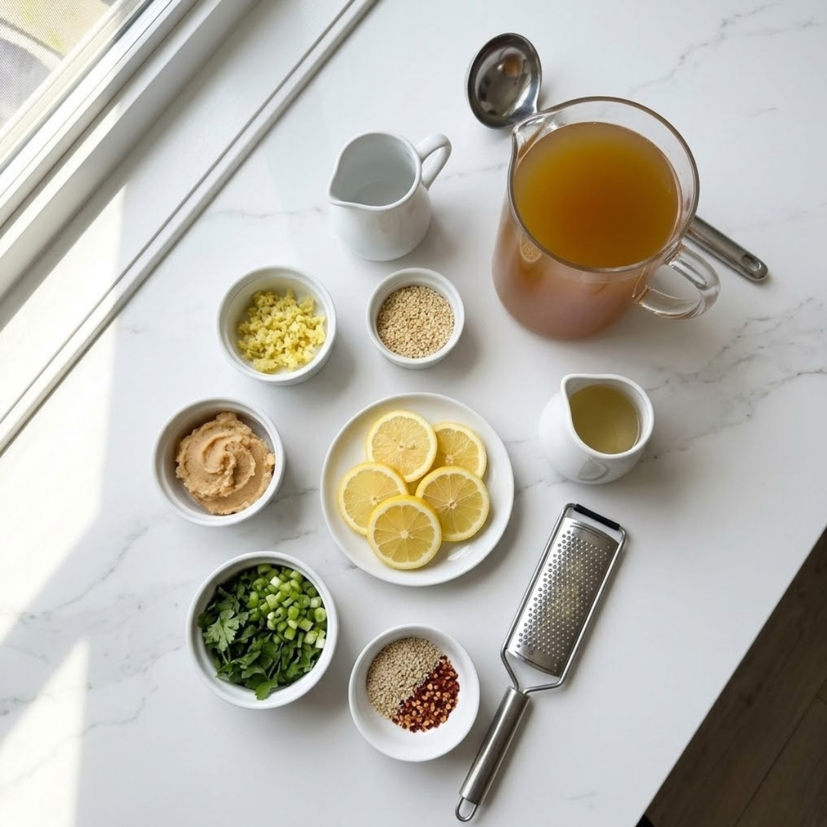 Organized overhead flat lay dyal raw ingredients for Miso Ginger Lemon Detox Broth, including vegetable broth, grated ginger, miso paste, lemon slices, green onions, cilantro, sesame seeds, and chili flakes, neatly arranged f bowls on a white marble counter f natural light. No hands are visible.
