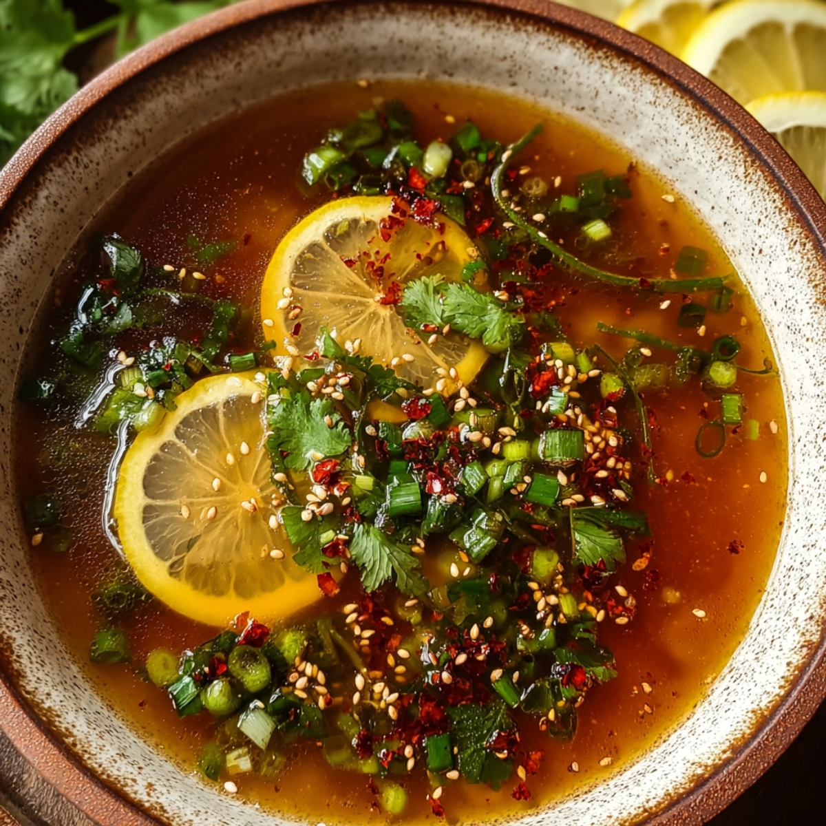 Miso-Ginger Lemon Detox Broth in a rustic speckled bowl with golden broth, lemon slices, fresh cilantro, green onions, sesame seeds, and red chili flakes.