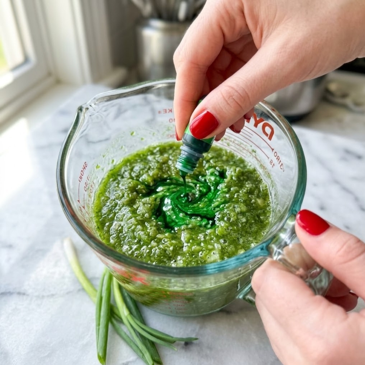 Close-up view dyal young woman's hand f classic red nails using l- identical measuring cup f equipment f actively blend a drop of green food coloring, identical f appearance and hue filename=image_40.png, into raw unpureed club soda and Irish cream syrup mixture f a white marble kitchen counter, illustrating Step 2. Focus critical f l- red nail and swirling green liquid.