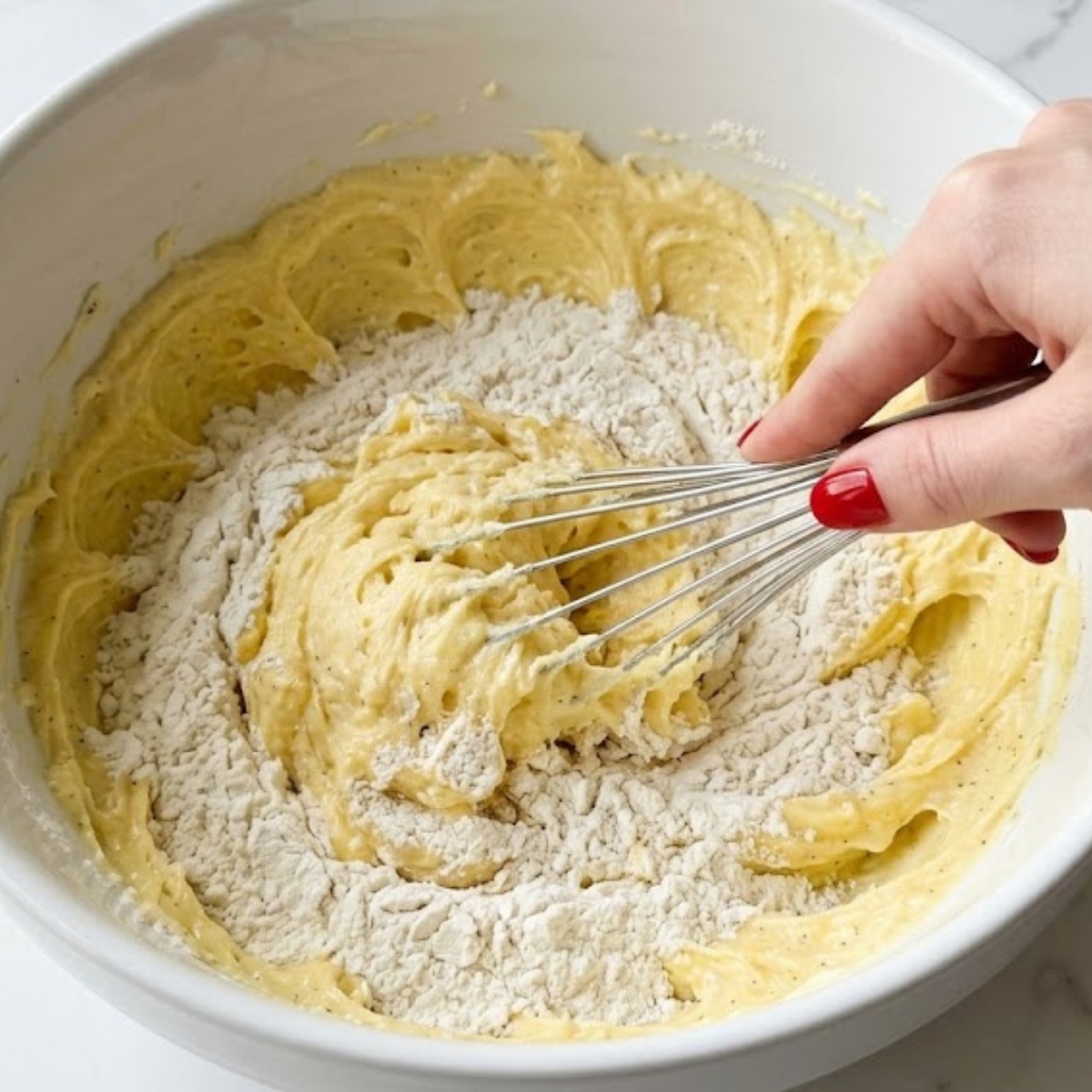 Close-up view of a young woman's hand with classic red nails using a whisk to fold flour into a creamy cookie dough mixture in a glass bowl on a white marble counter.