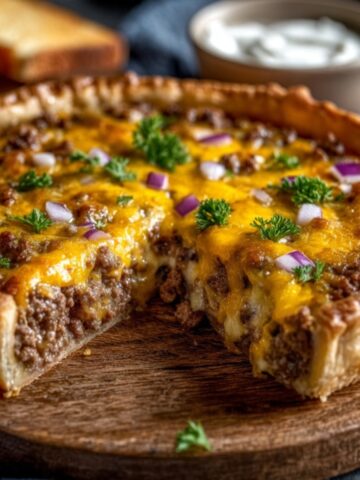 One-Pan Cheeseburger Pie on a wooden board with a flaky pastry crust filled with seasoned ground beef, melted cheddar, red onion, and parsley, with a slice removed.