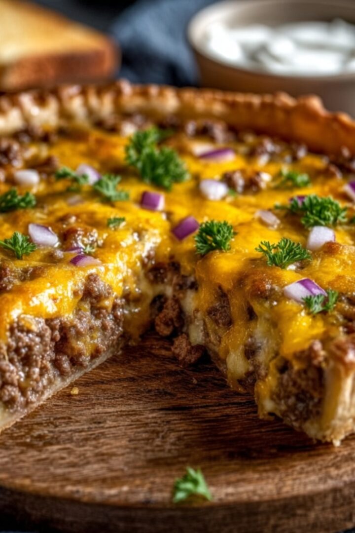 One-Pan Cheeseburger Pie on a wooden board with a flaky pastry crust filled with seasoned ground beef, melted cheddar, red onion, and parsley, with a slice removed.