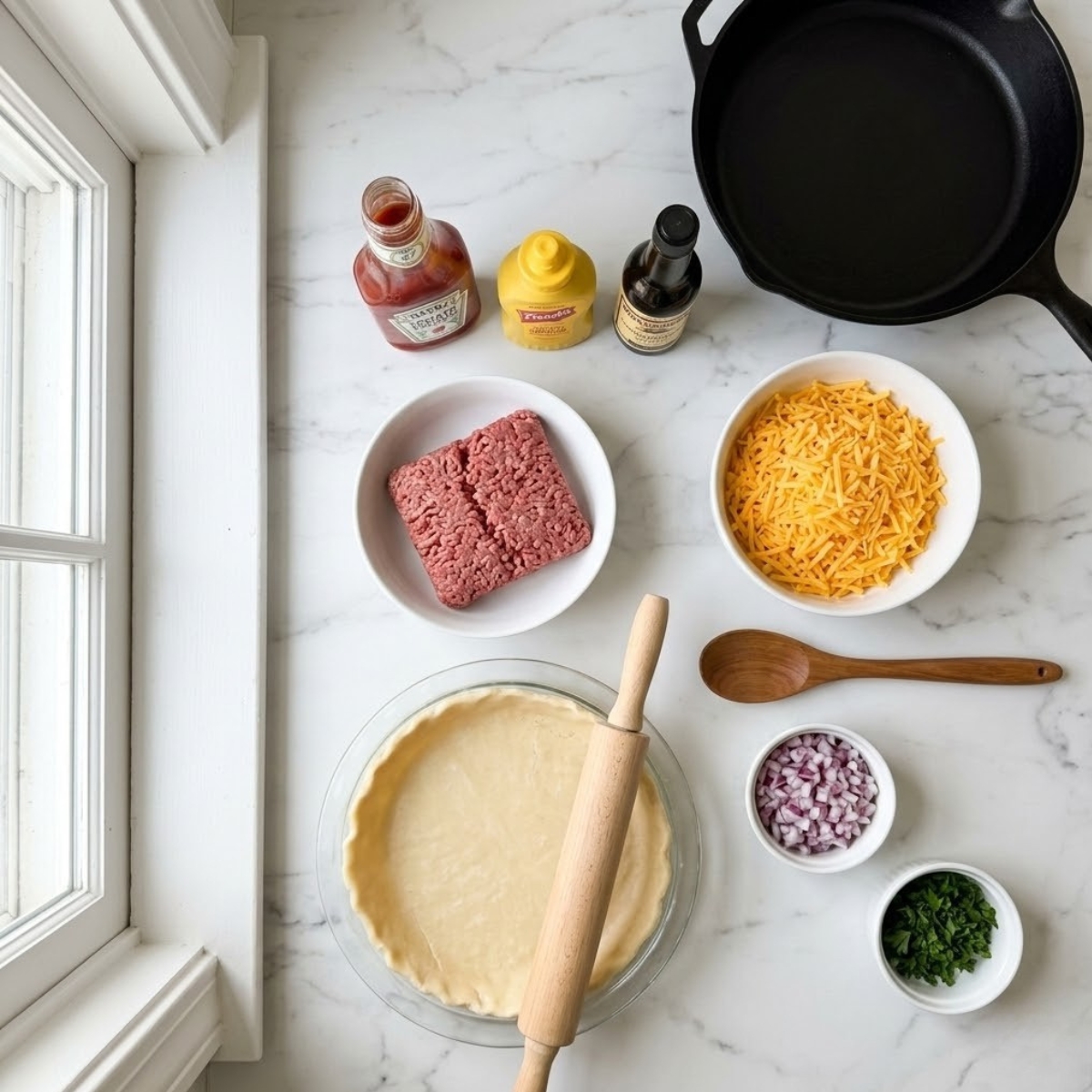 An organized overhead flat lay view dyal raw ingredients for The Best cheeseburger pie, including raw ground beef, shredded cheddar cheese, pie crust dough, red onions, fresh parsley, ketchup, mustard, and Worcestershire sauce, arranged f neat bowls on a white marble kitchen counter f natural light. No hands are visible.
