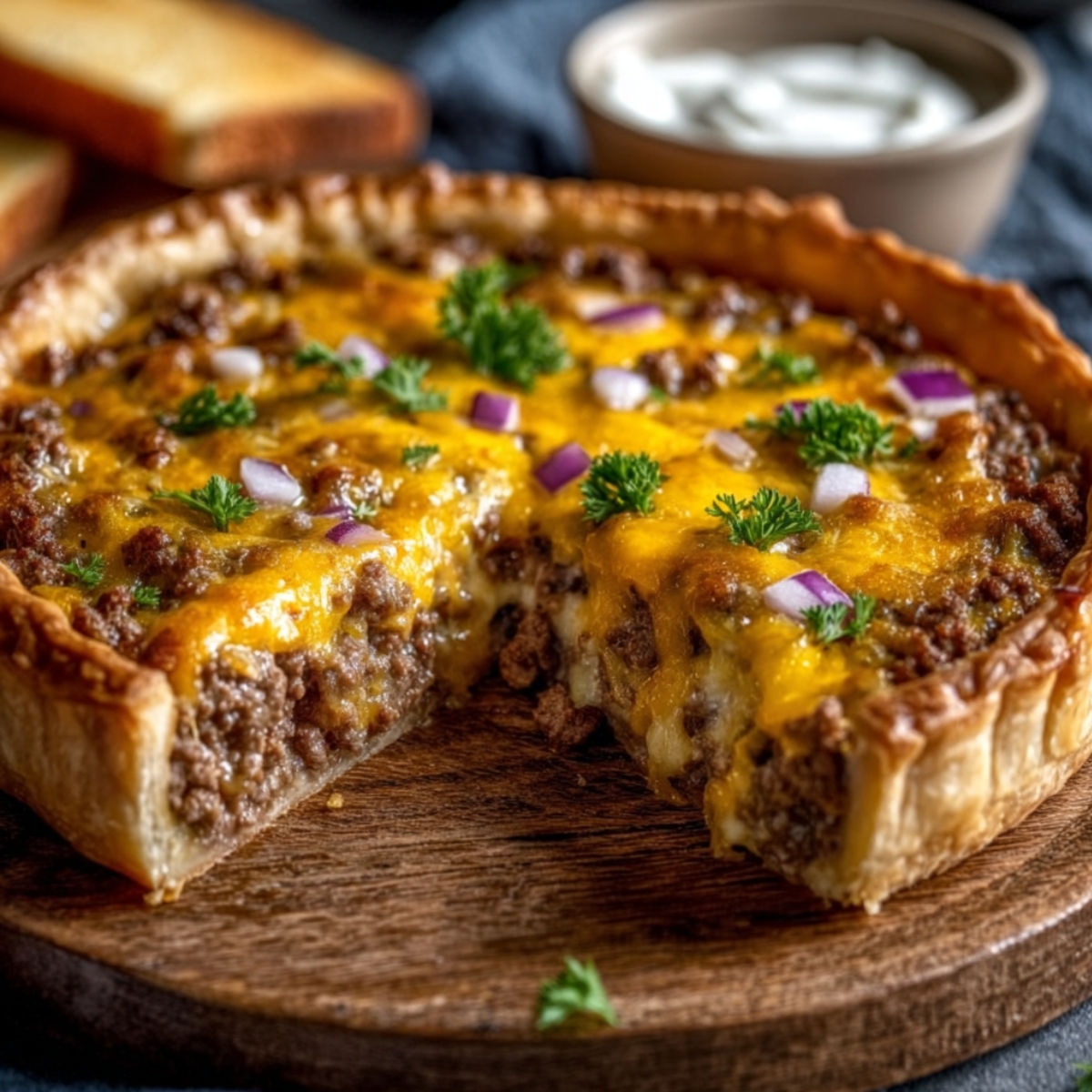 One-Pan Cheeseburger Pie on a wooden board with a flaky pastry crust filled with seasoned ground beef, melted cheddar, red onion, and parsley, with a slice removed.
