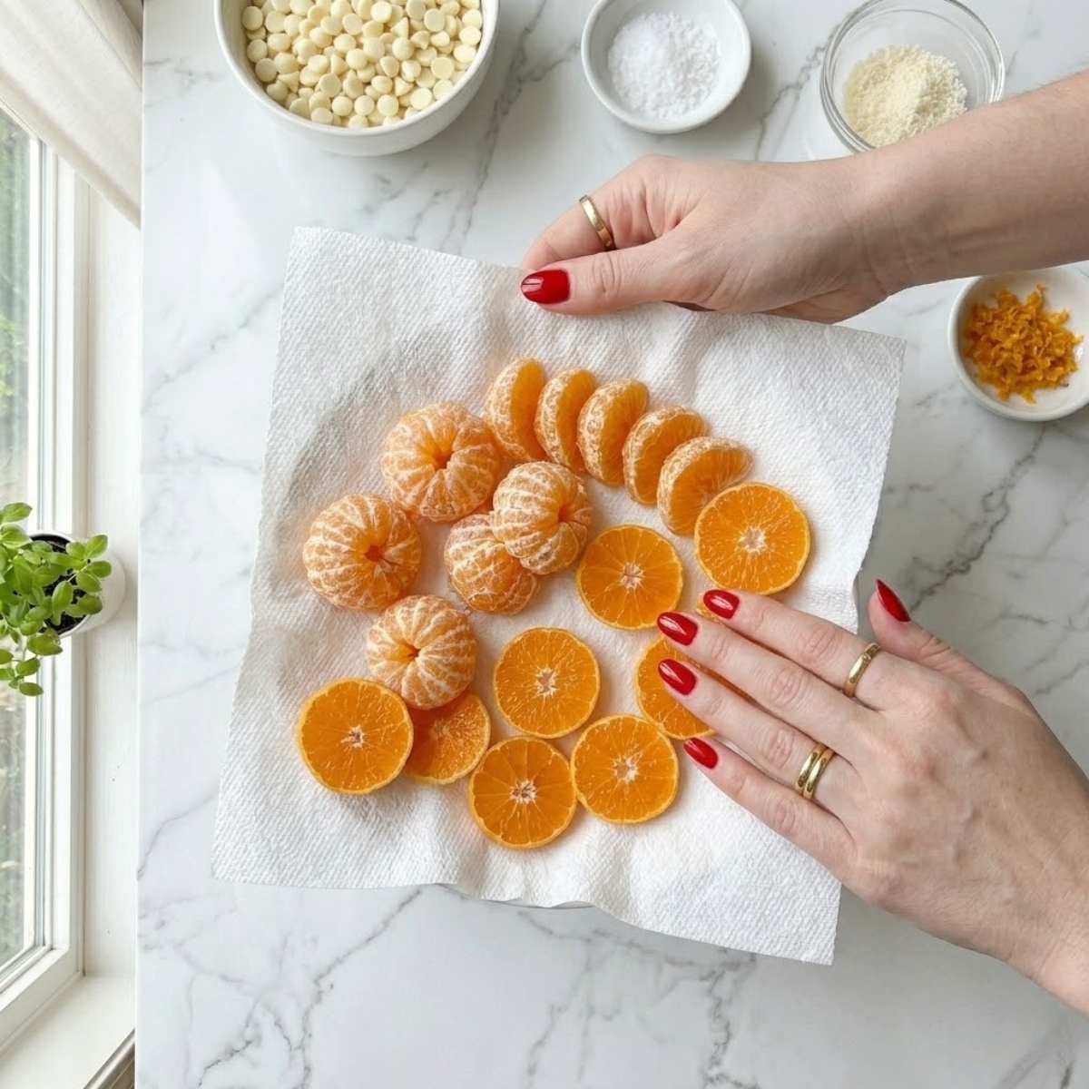 Close-up dyal young woman's hands with classic red nails carefully patting mandarin orange segments dry with a paper towel f preparation for chocolate dipping, f a modern white marble kitchen counter.