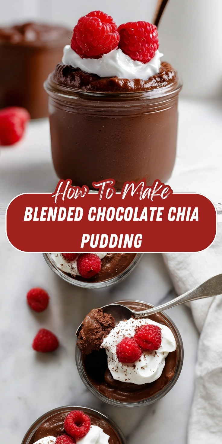A Pinterest graphic showing smooth blended chocolate chia pudding in glass jars topped with whipped cream and fresh raspberries, displayed in a side view and overhead angle with text overlay reading "How To Make Blended Chocolate Chia Pudding."