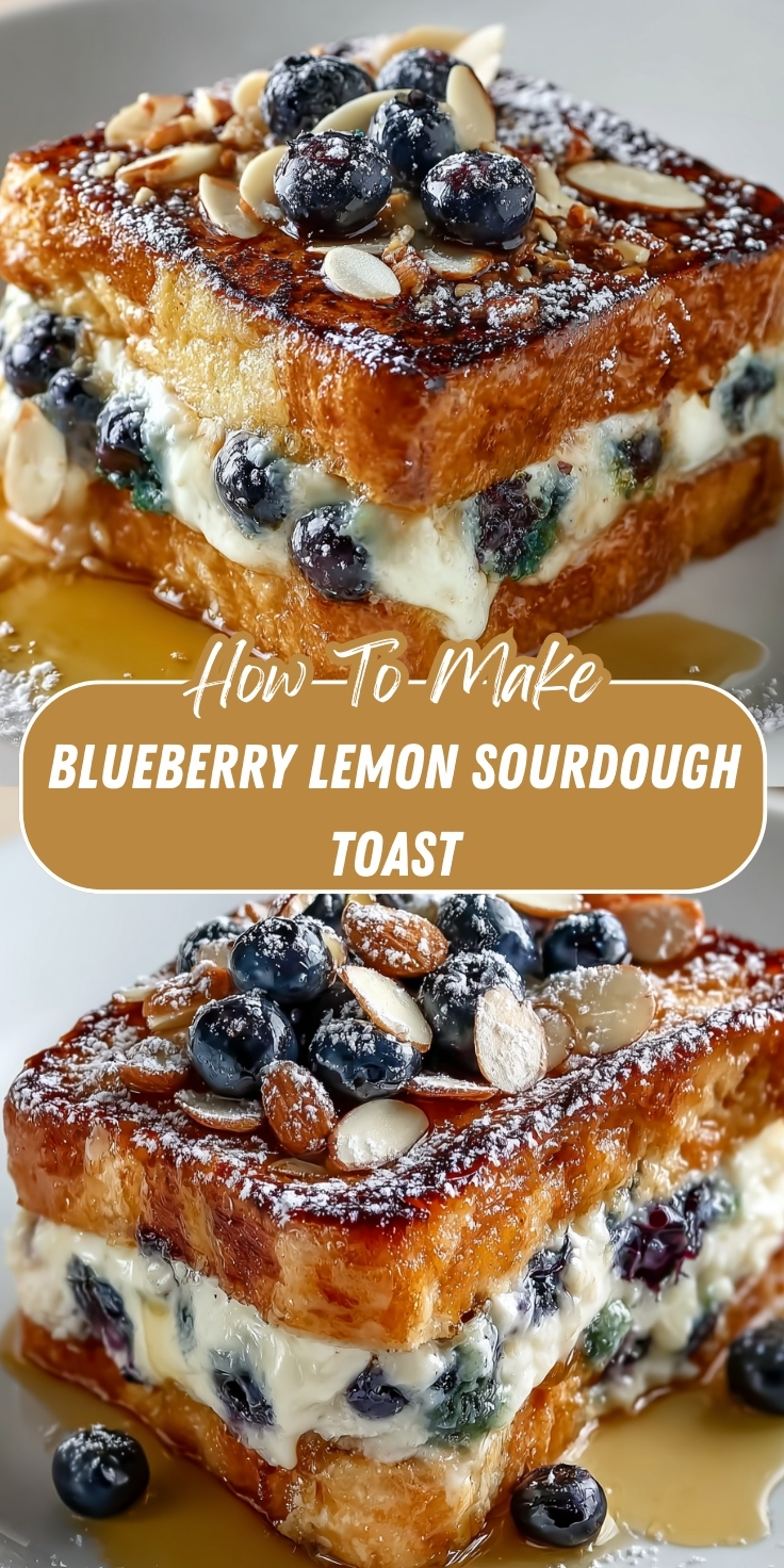 Blueberry Lemon Sourdough Toast Pinterest graphic showing thick golden toast stuffed with lemon cream cheese and blueberries, topped with sliced almonds, powdered sugar, and honey drizzle.