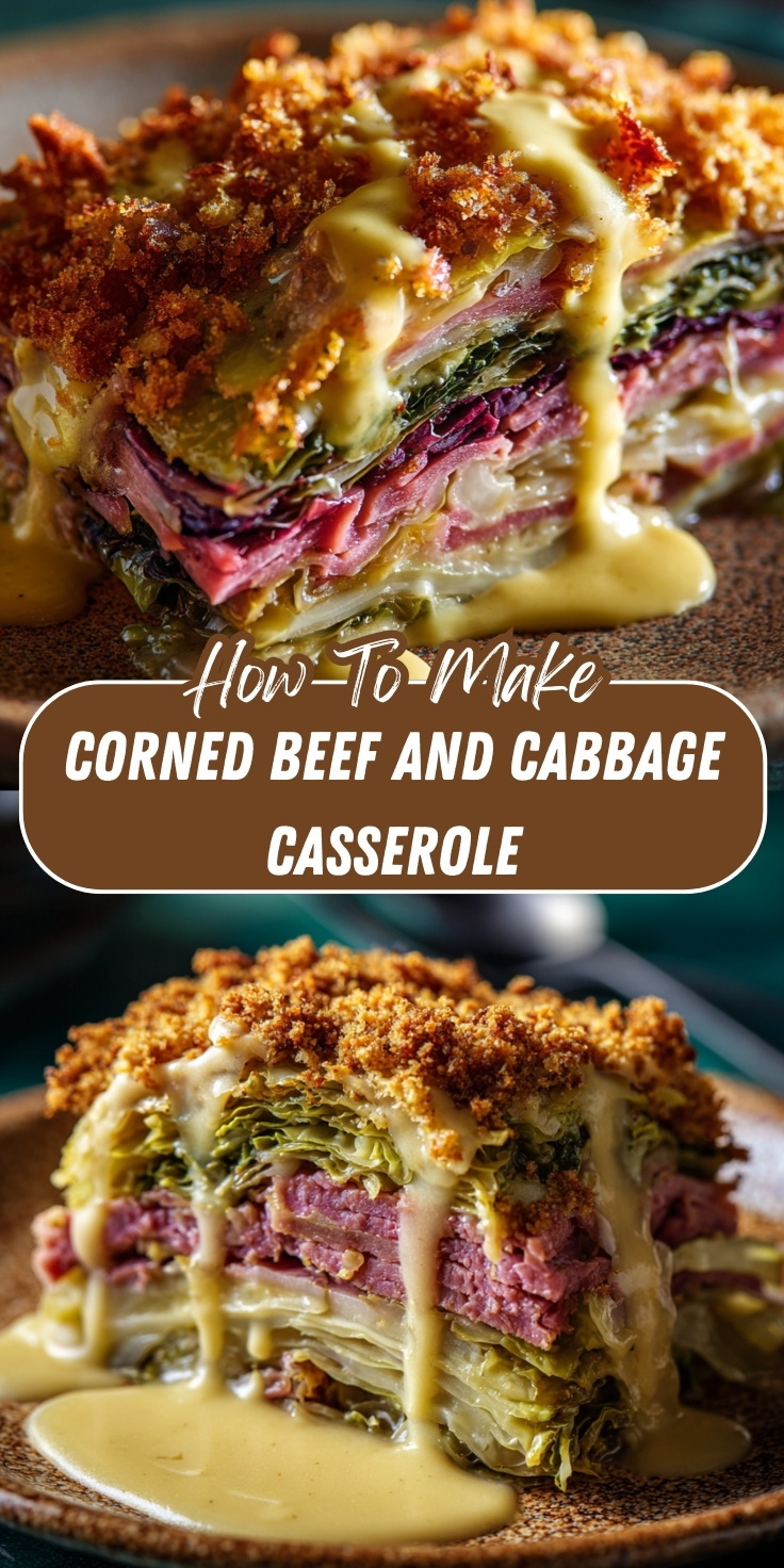 A Pinterest graphic showing a sliced corned beef and cabbage casserole with visible layers of corned beef and cabbage, topped with a crispy breadcrumb crust and drizzled with mustard sauce, displayed in two angles with text overlay reading "How To Make Corned Beef and Cabbage Casserole.