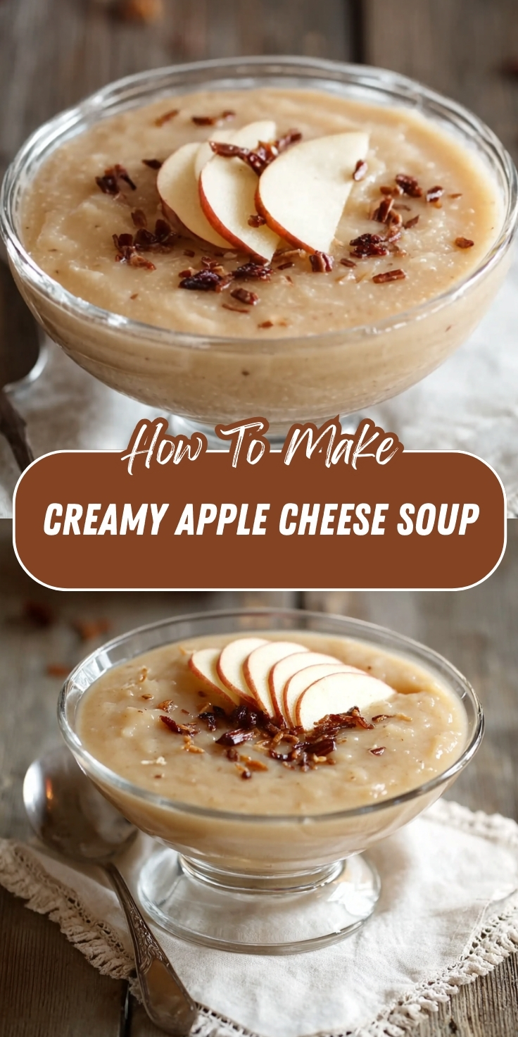 Creamy Apple Cheese Soup Pinterest graphic showing two glass bowls of smooth golden apple cheese soup topped with thin fresh apple slices and crispy bacon crumbles.