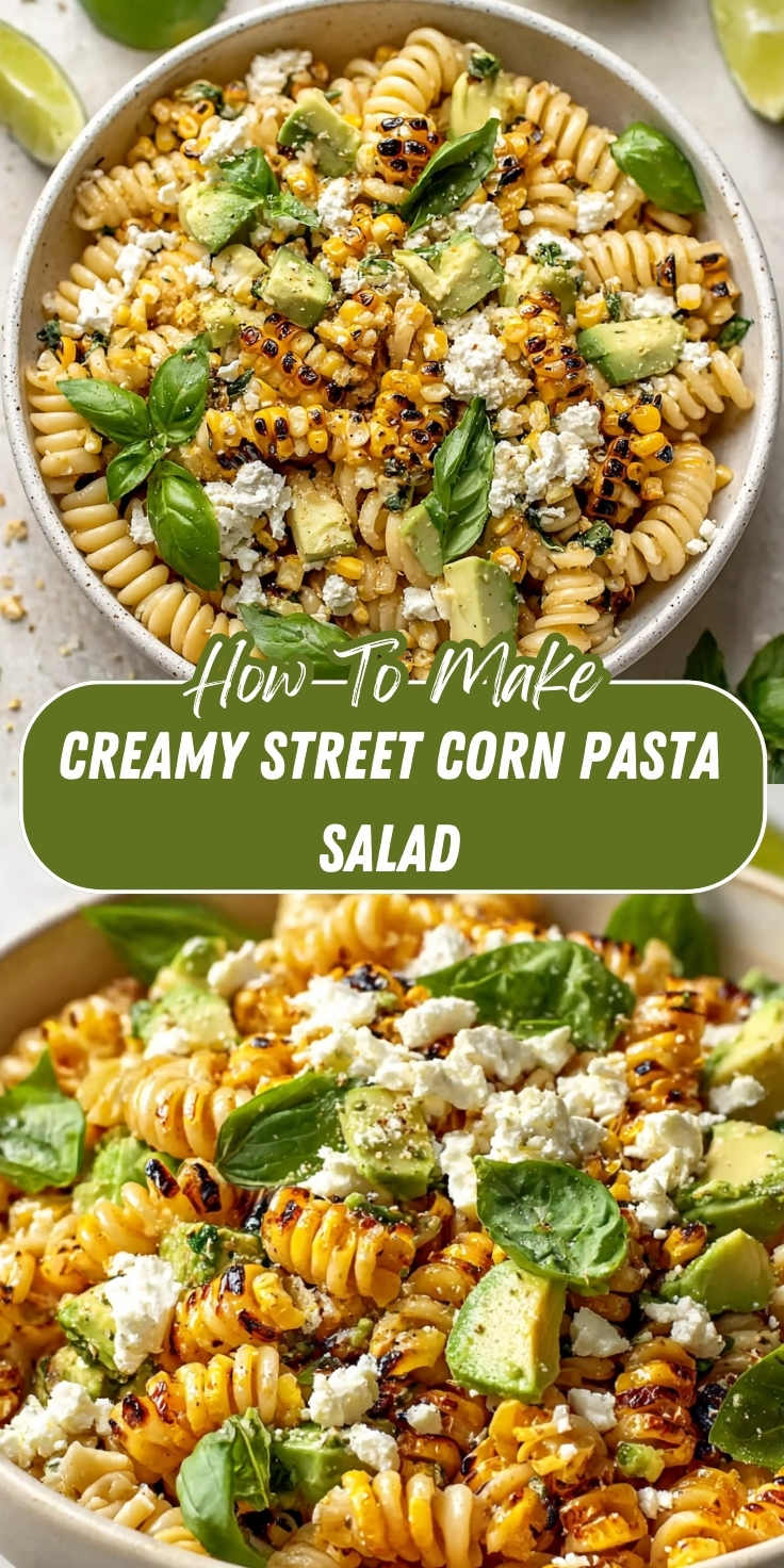 Pinterest recipe graphic showing two close-up photos of creamy street corn pasta salad — rotini pasta tossed with charred corn kernels, diced avocado, crumbled cotija cheese, and fresh basil leaves in a creamy dressing, with lime wedges in the background, and text overlay reading 'How-To-Make Creamy Street Corn Pasta Salad.