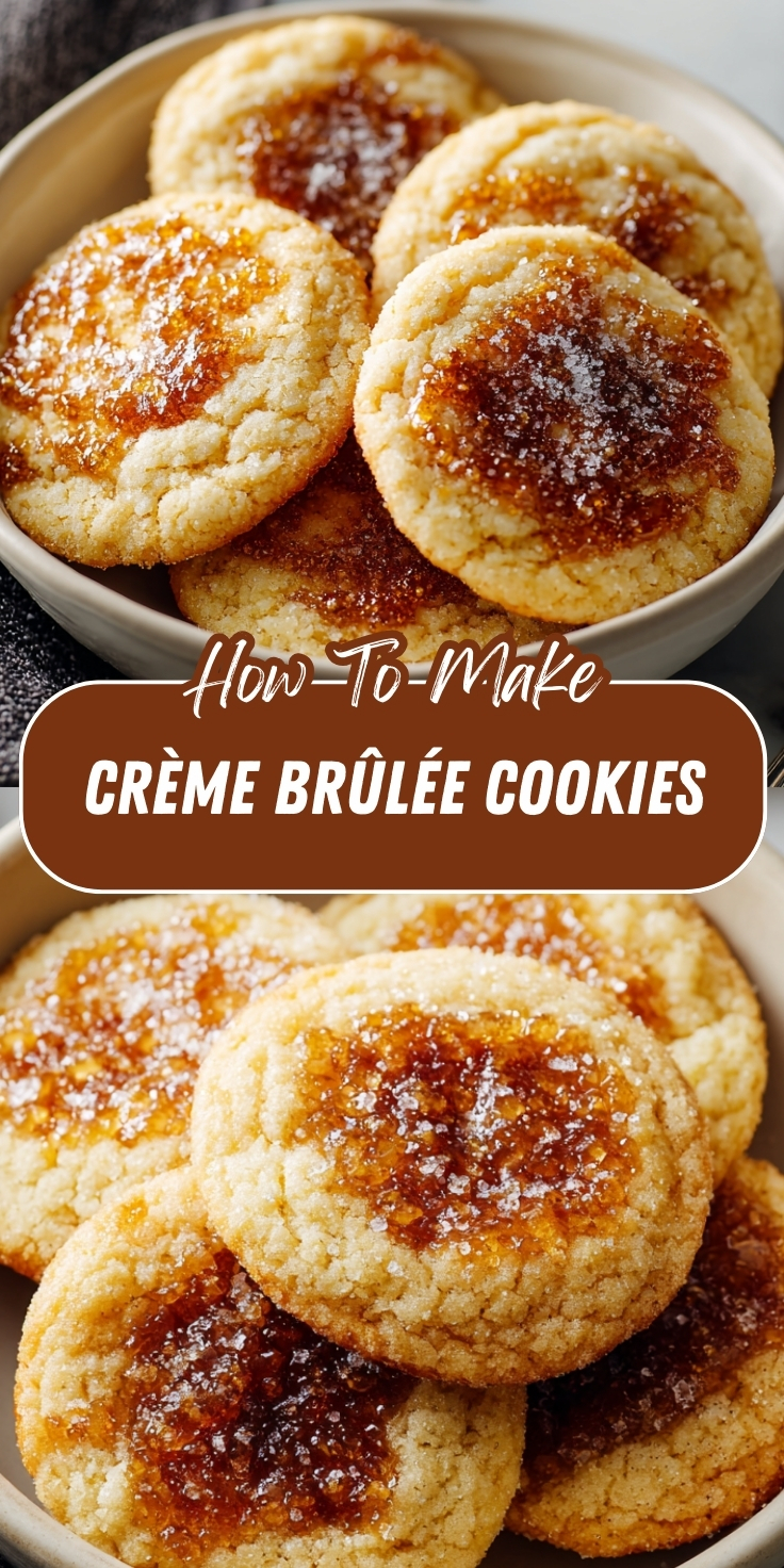 Crème Brûlée Cookies Pinterest graphic showing soft sugar cookies with a torched caramelized sugar topping, piled in a bowl.