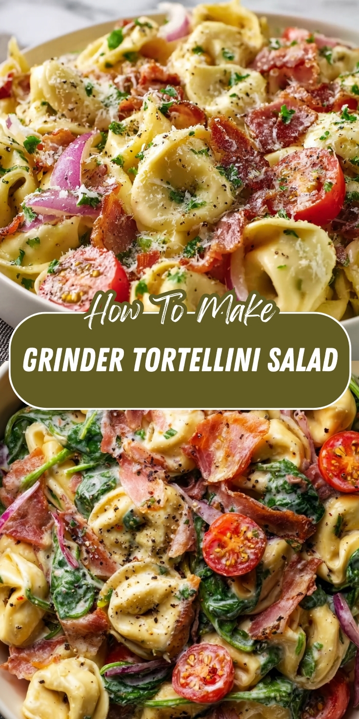 Grinder Tortellini Salad Pinterest graphic showing cheese tortellini tossed with crispy bacon, cherry tomatoes, red onion, spinach, parmesan, and creamy grinder dressing.