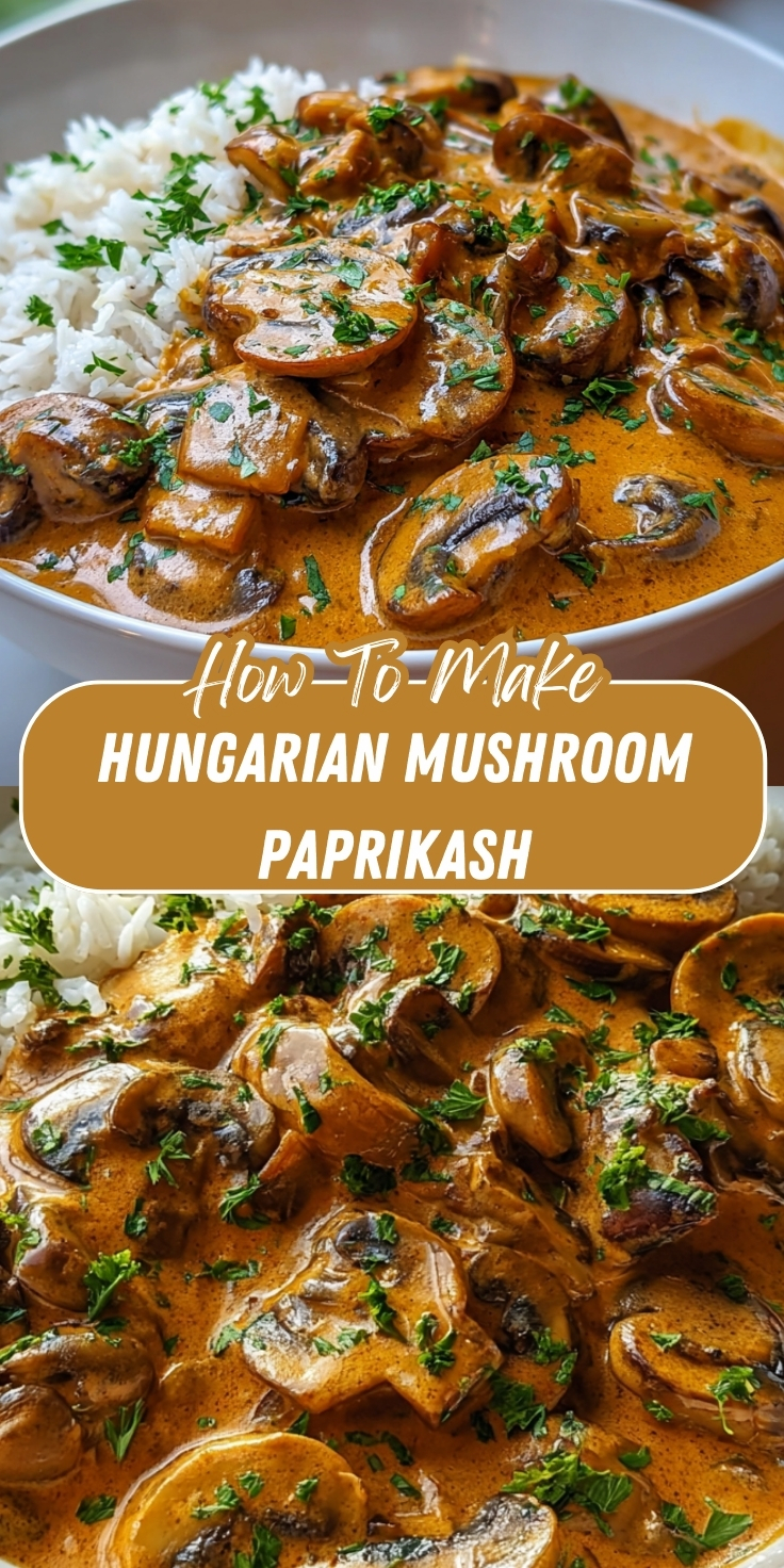 Hungarian Mushroom Paprikash Pinterest graphic showing tender mushrooms in rich creamy paprika sauce with fresh parsley, served alongside white rice.