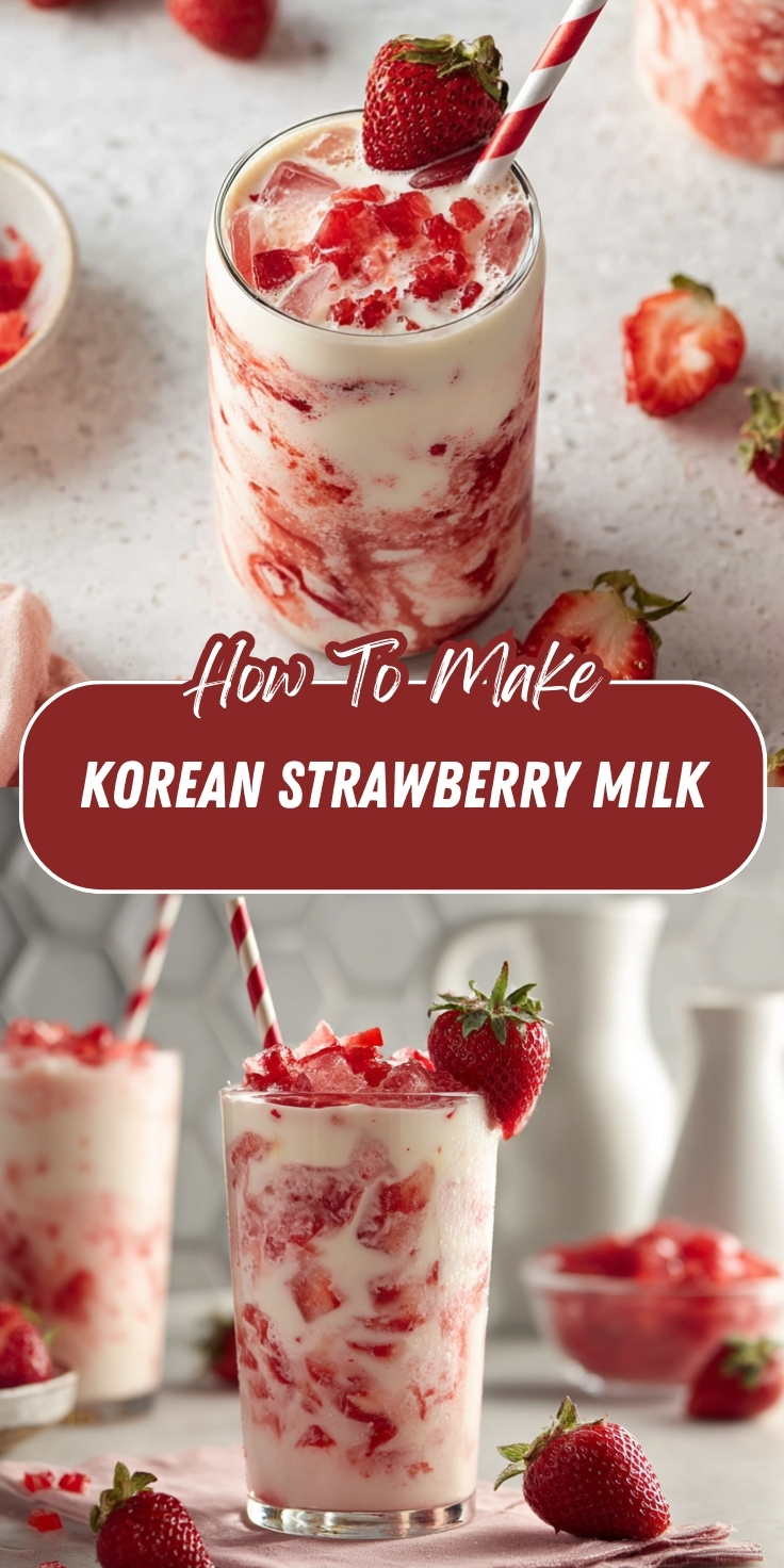 A Pinterest graphic showing Korean strawberry milk in tall glasses with swirls of strawberry sauce and milk, topped with diced fresh strawberries and a red and white striped straw, displayed in two angles with text overlay reading "How To Make Korean Strawberry Milk.