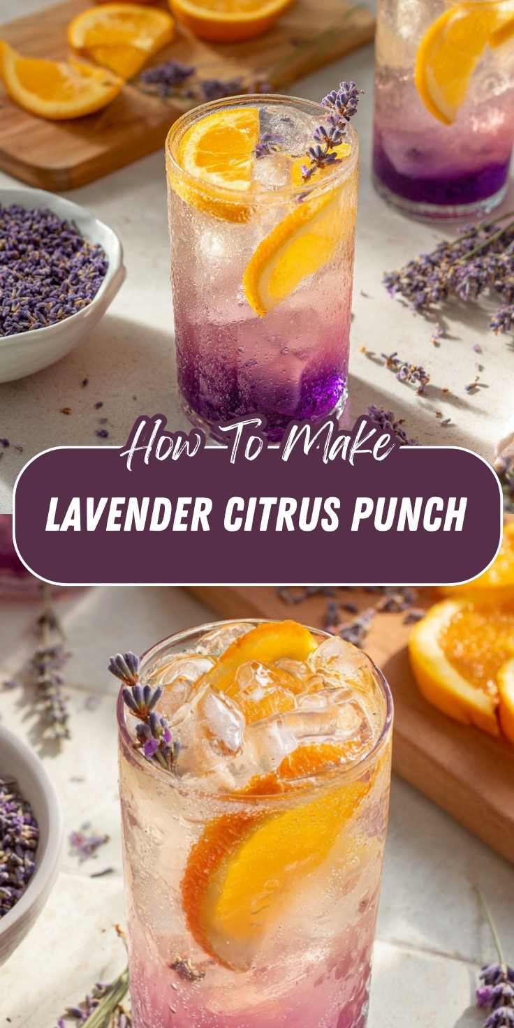Lavender Citrus Punch with purple-to-pink ombre layers, fresh orange slices, ice, and dried lavender sprigs garnish.