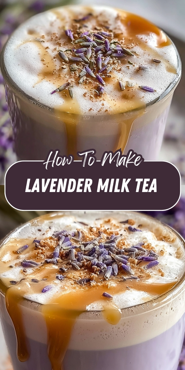 Lavender Milk Tea Pinterest graphic showing two creamy milk tea drinks topped with frothy foam, golden honey drizzle, and dried lavender buds.
