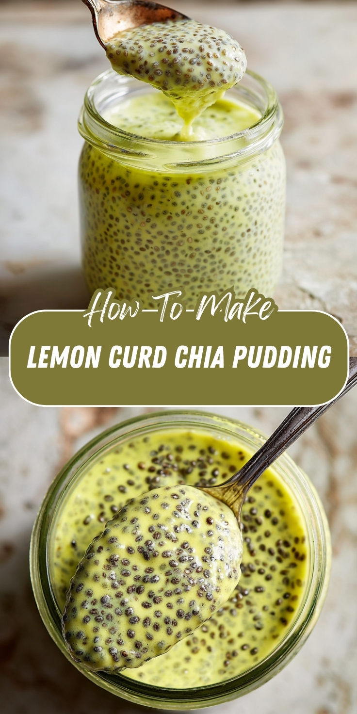 A Pinterest graphic showing lemon curd chia pudding in a glass jar with a yellow-green hue and visible chia seeds, displayed in a side view with a spoon lifting a portion and an overhead view, with text overlay reading "How To Make Lemon Curd Chia Pudding.