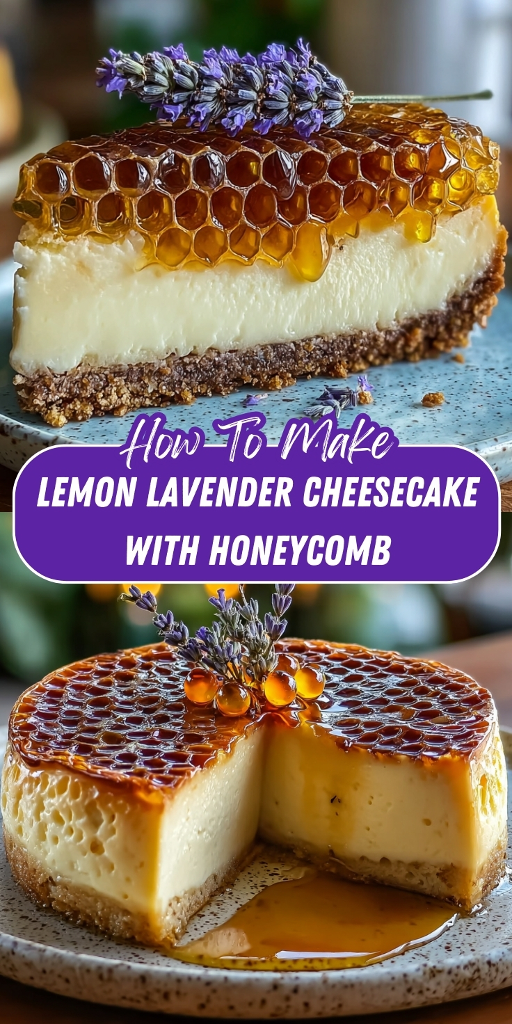 Lemon Lavender Cheesecake with Honeycomb Pinterest graphic showing a creamy lemon cheesecake on a graham cracker crust, topped with golden honeycomb and fresh lavender sprigs.