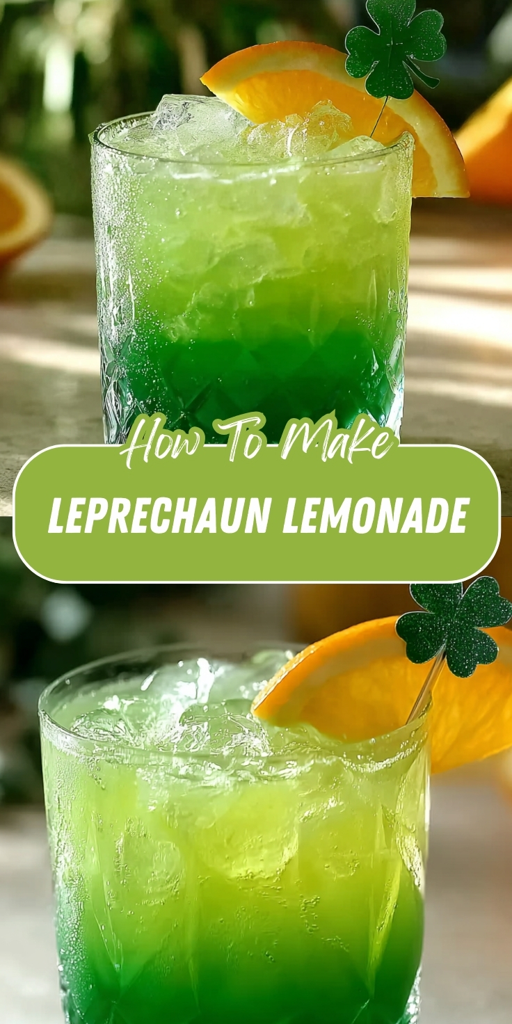 Leprechaun Lemonade Pinterest graphic showing vibrant green St. Patrick's Day drinks over ice, garnished with an orange slice and shamrock pick.