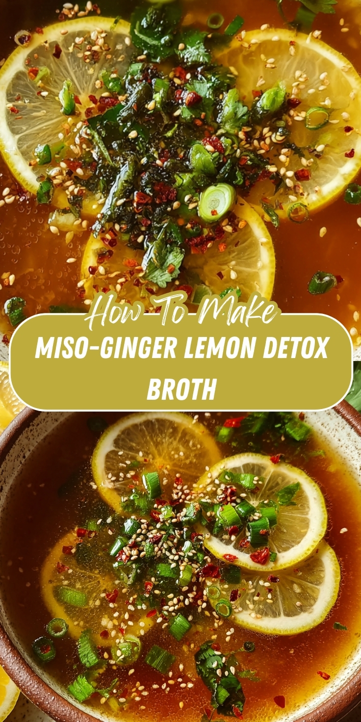 Miso-Ginger Lemon Detox Broth Pinterest graphic showing a golden broth with lemon slices, sliced green onions, sesame seeds, red chili flakes, and seaweed.