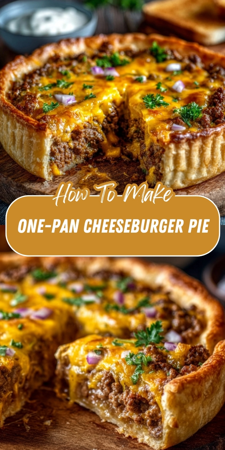 One-Pan Cheeseburger Pie Pinterest graphic showing a golden flaky pastry crust filled with seasoned ground beef, melted cheddar, diced red onion, and fresh parsley, with a slice removed.