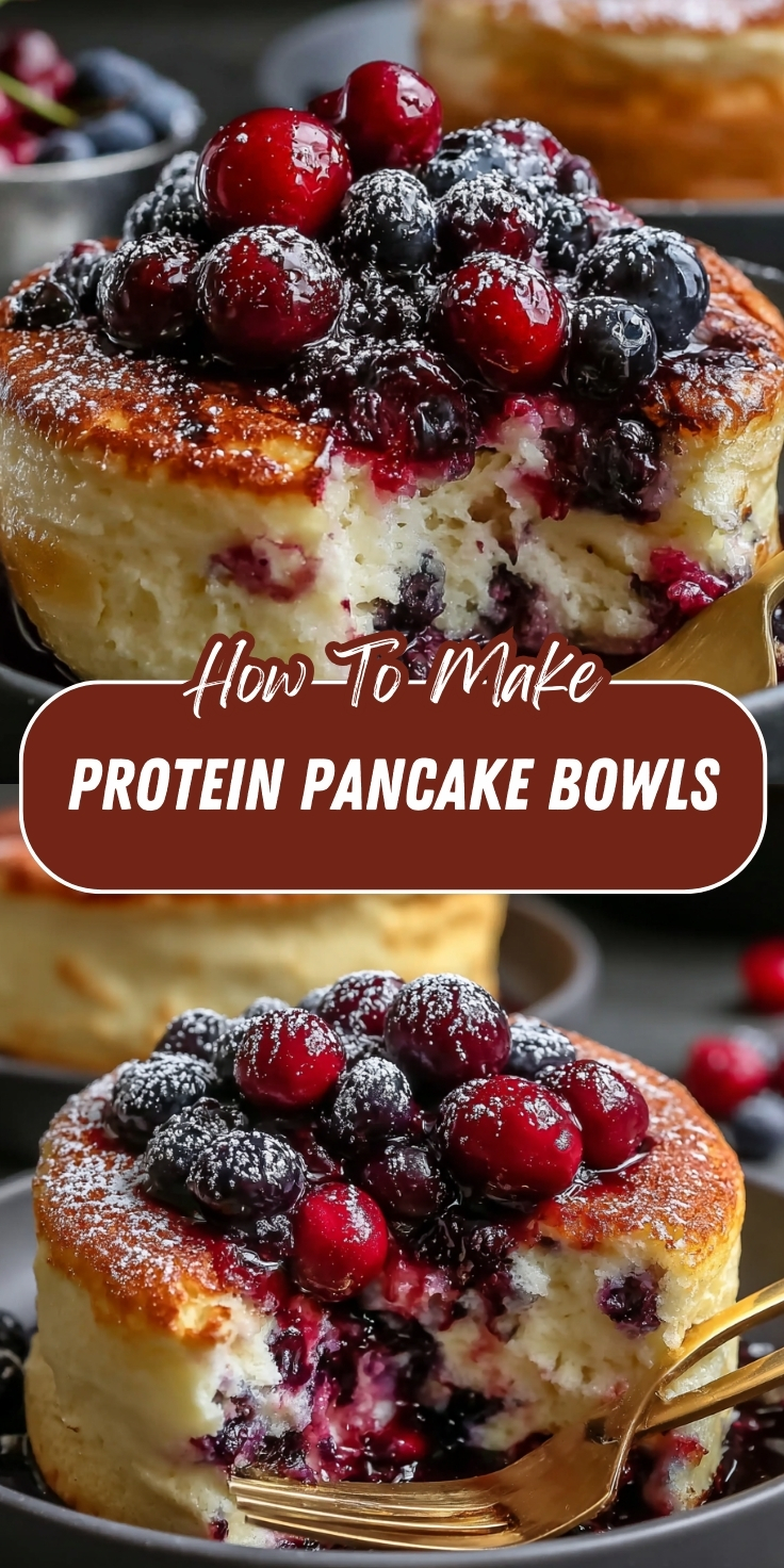 Protein Pancake Bowls Pinterest graphic showing fluffy baked pancake cups loaded with mixed berries, powdered sugar, and berry compote filling.