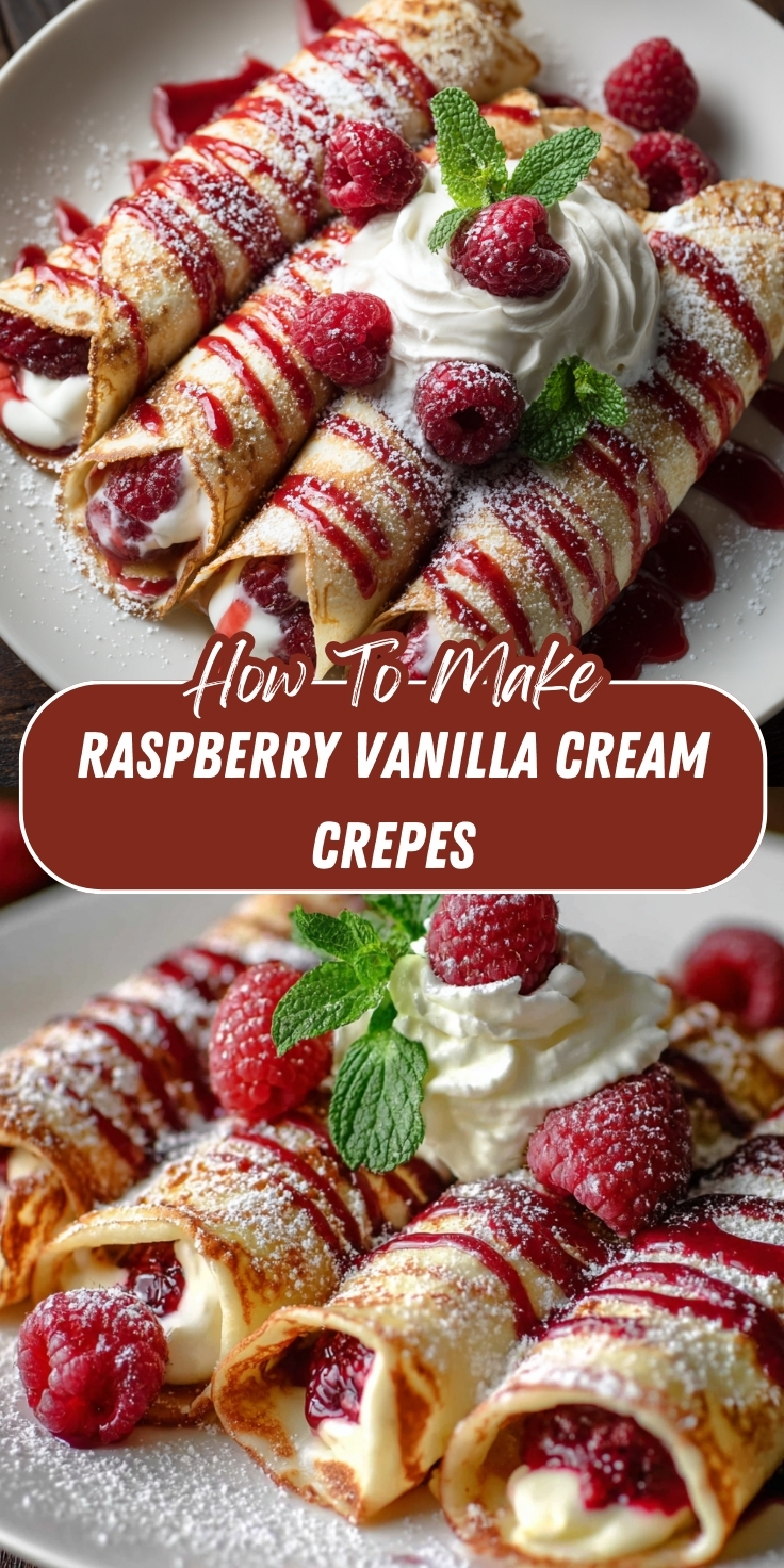 A Pinterest graphic showing rolled raspberry vanilla cream crepes drizzled with raspberry sauce and dusted with powdered sugar, topped with whipped cream, fresh raspberries, and mint, displayed in two angles with text overlay reading "How To Make Raspberry Vanilla Cream Crepes.