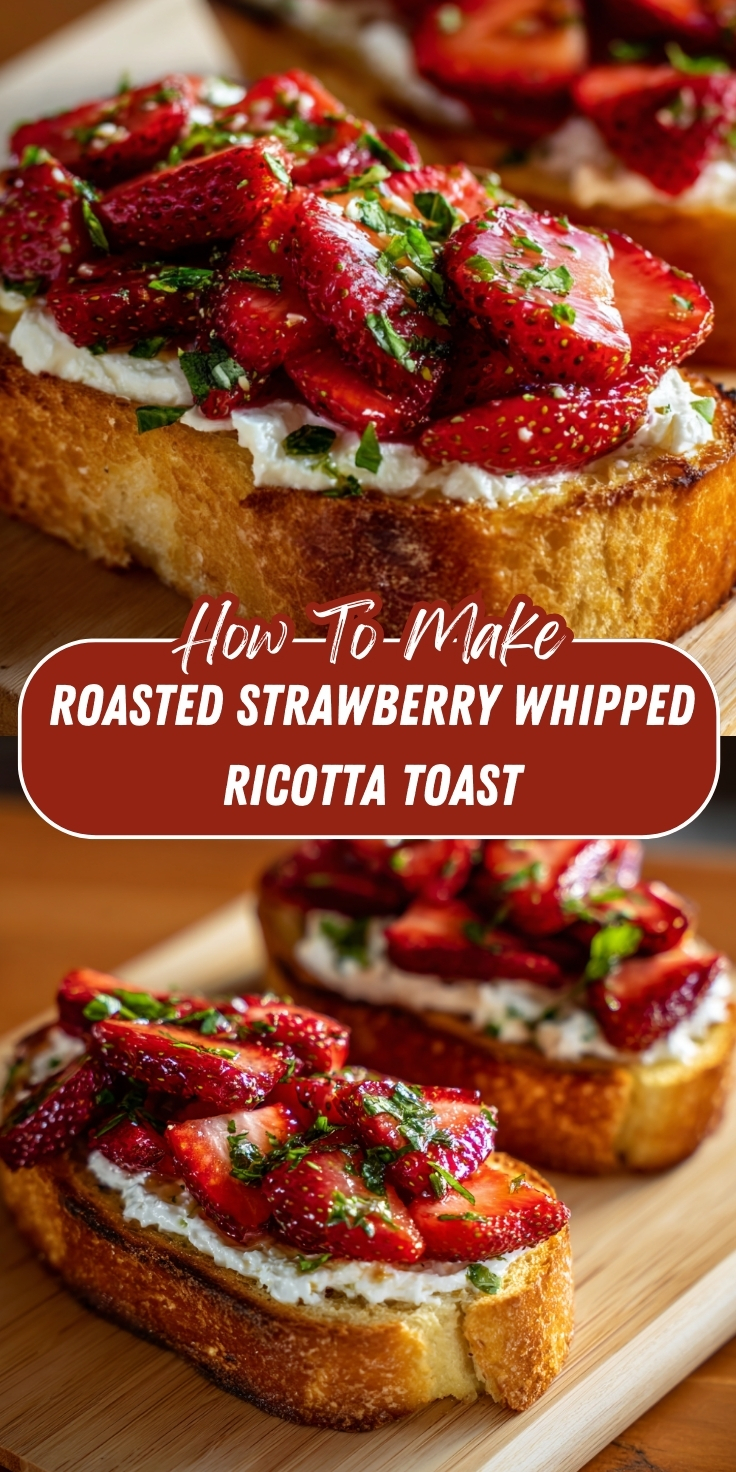 Roasted Strawberry Whipped Ricotta Toast Pinterest graphic showing golden toasted bread slices spread with whipped ricotta and piled high with roasted strawberries and fresh basil.