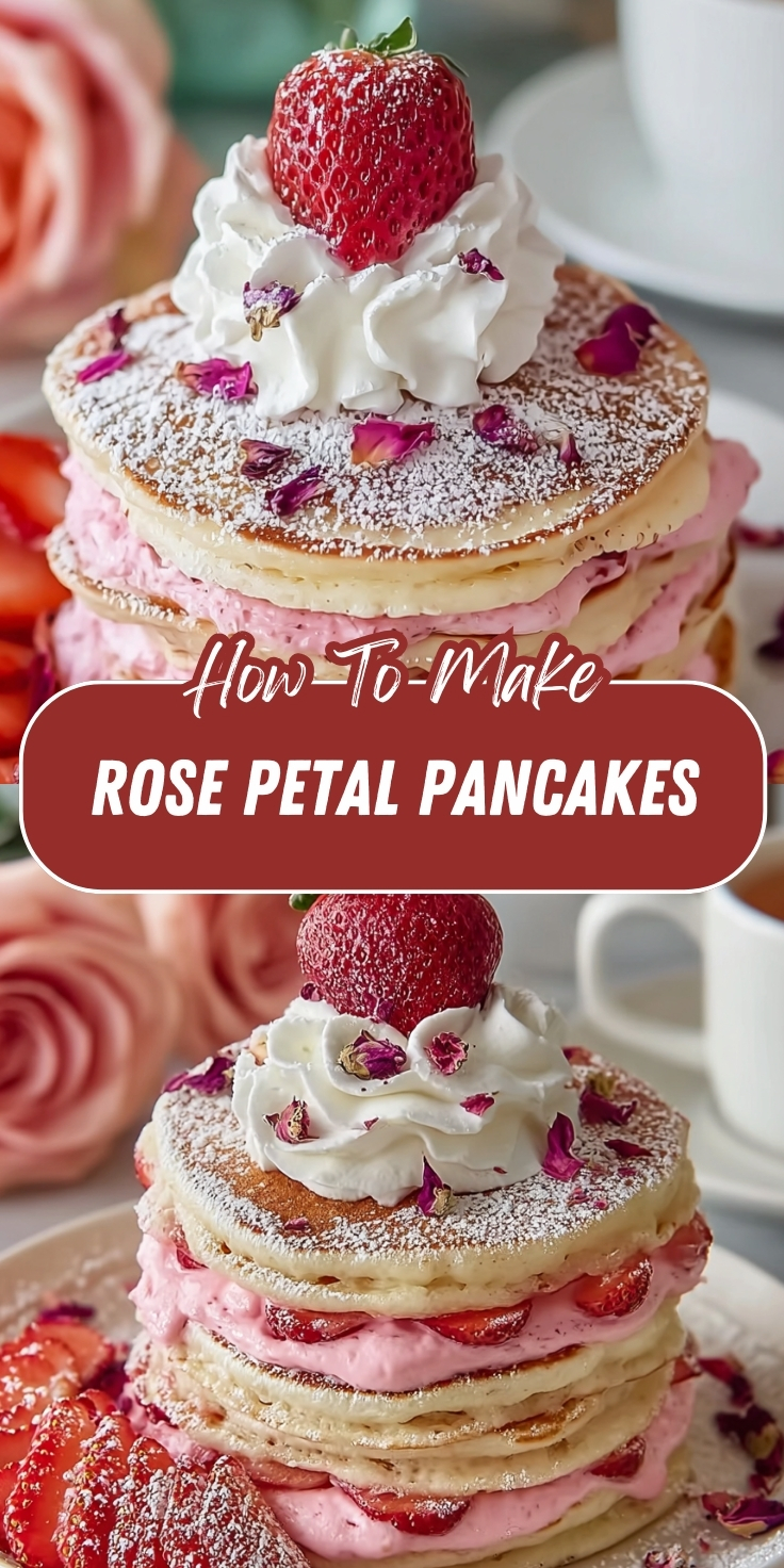 Rose Petal Pancakes Pinterest graphic showing fluffy stacked pancakes layered with pink rose cream and strawberries, topped with whipped cream, dried rose petals, and a fresh strawberry.