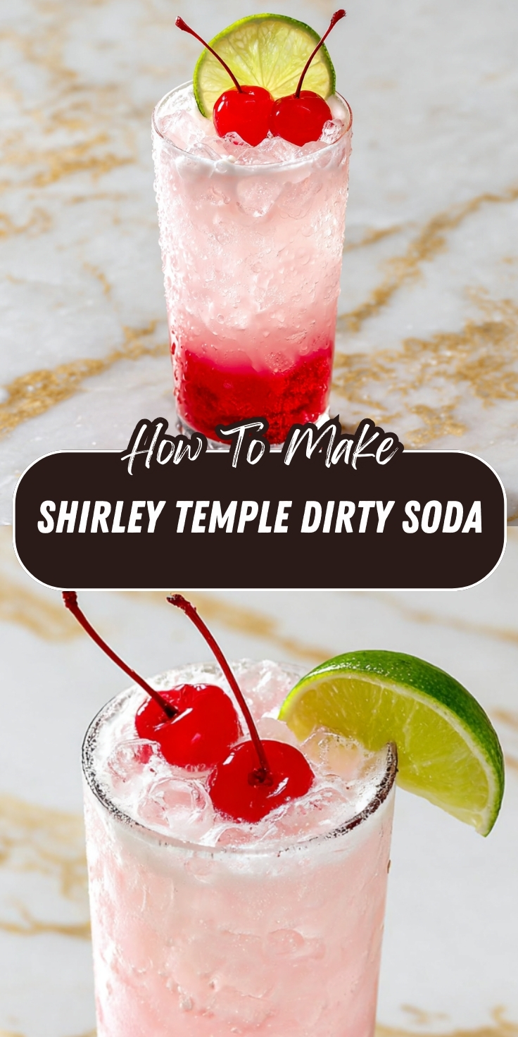 Shirley Temple Dirty Soda Pinterest graphic showing two pink cherry soda drinks with crushed ice, maraschino cherries, and lime garnish on a marble surface.