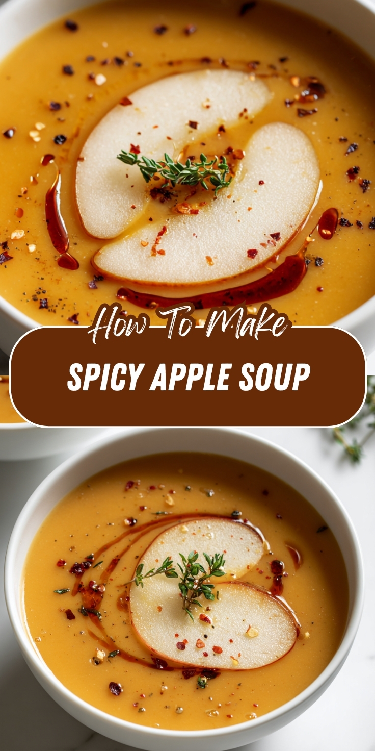 A Pinterest graphic showing a smooth golden spicy apple soup in a white bowl, garnished with thin apple slices, fresh thyme, red chili flakes, and a drizzle of spiced oil, displayed in two angles with text overlay reading "How To Make Spicy Apple Soup.