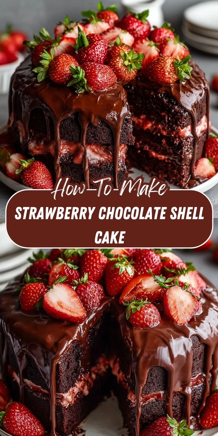 Strawberry Chocolate Shell Cake Pinterest graphic showing a rich chocolate cake covered in glossy chocolate ganache shell, piled high with fresh whole and halved strawberries.