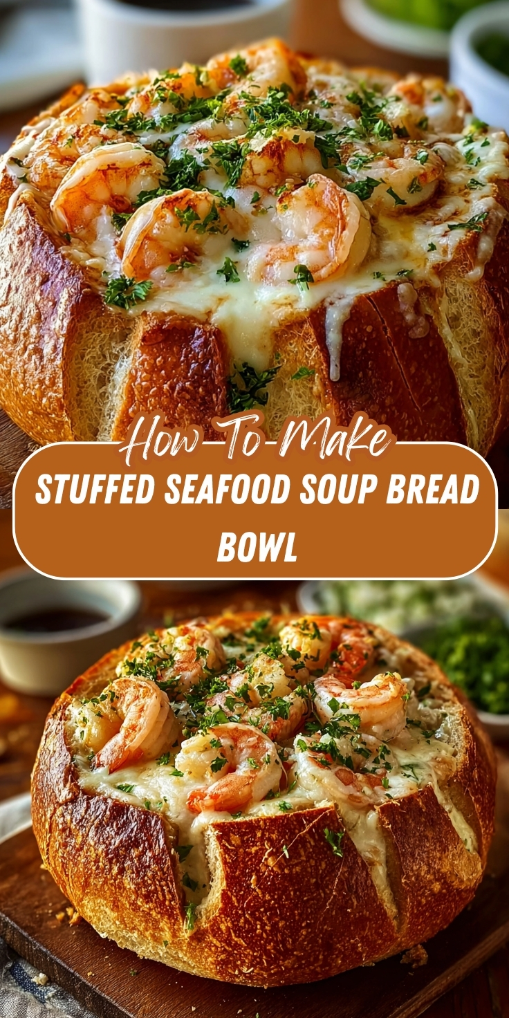 Stuffed Seafood Soup Bread Bowl Pinterest graphic showing a golden sourdough bread bowl filled with creamy seafood soup, juicy shrimp, melted cheese, and fresh parsley.