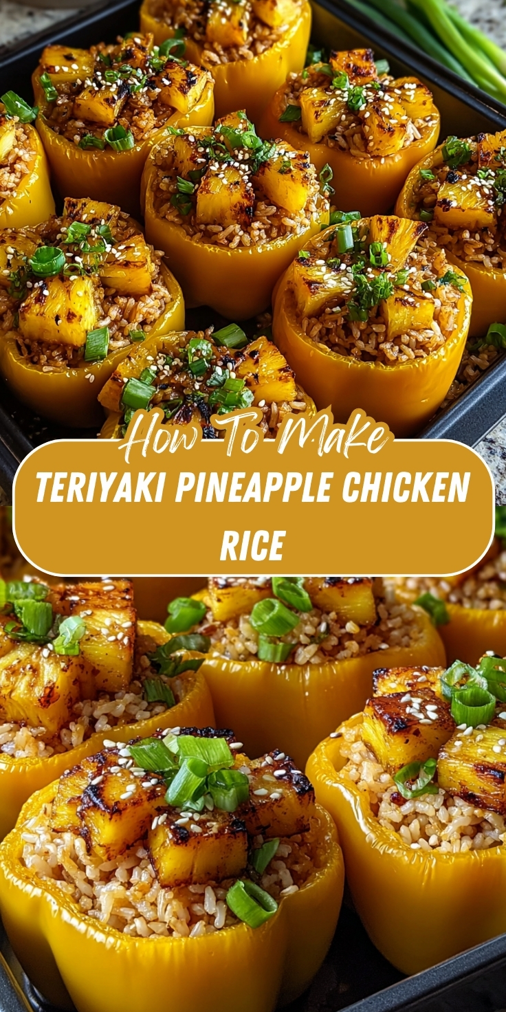 Teriyaki Pineapple Chicken and Rice Stuffed Peppers filled with teriyaki rice, caramelized pineapple, green onions, and sesame seeds.