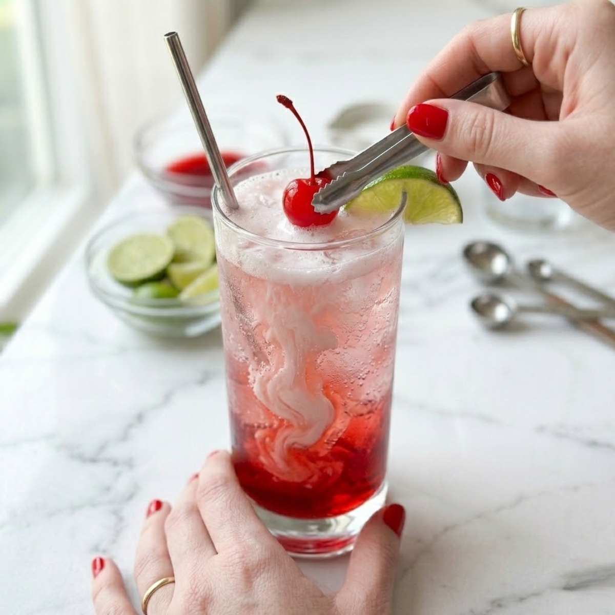 Close-up of a young woman's hands with polished classic red nails using small tongs to place a second maraschino cherry garnish onto the top of a beautifully layered, icy Shirley Temple Dirty Soda in a tall glass, set upon a white marble kitchen counter, showing the final preparation step.