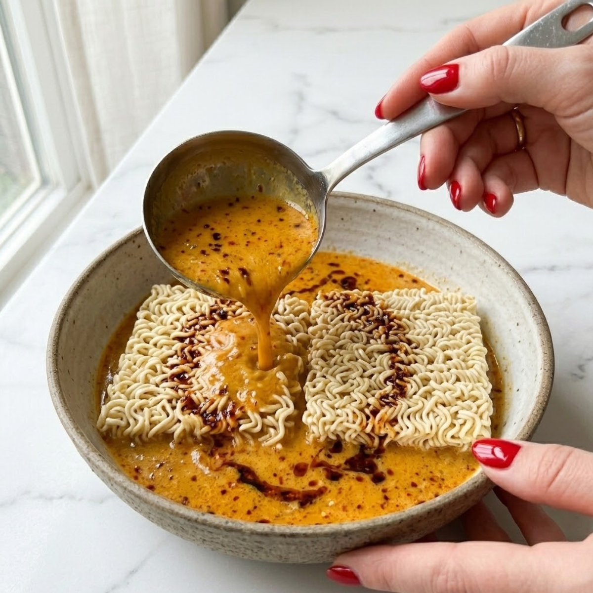 Close-up of a young woman's hand with red nails pouring fiery, creamy garlic ramen broth f a measuring ladle over a bowl of instant ramen noodles f a white marble counter.