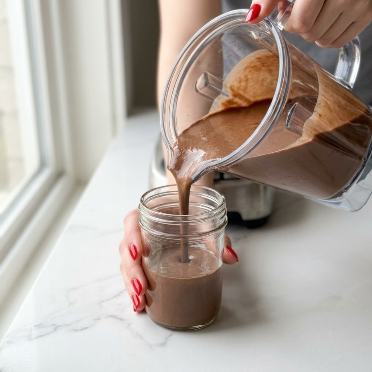 Close-up view of a young woman's hands with classic red nails pouring completely smooth, blended chocolate chia pudding from a blender pitcher into a small glass mason jar on a white marble counter.